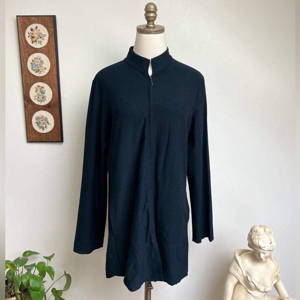 Eileen Fisher Mandarin Collar Double Zip Long Sleeve Black Top